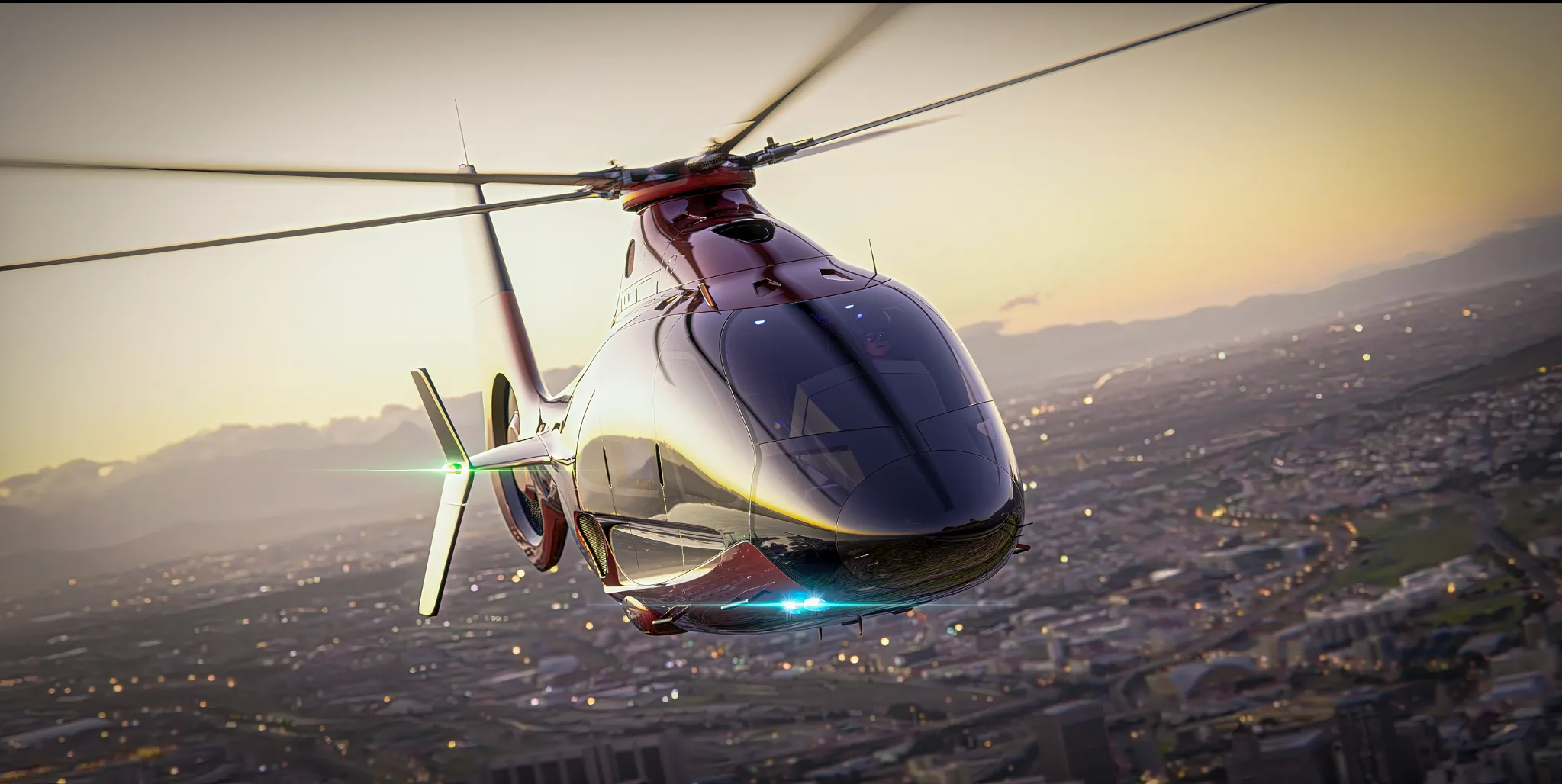 AVAYU rotorcraft in flight above a city at sunset